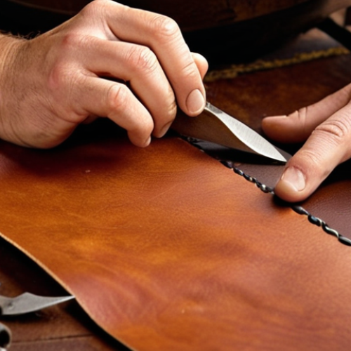 Home 4 **
Prompt: Close-up shot of hands carefully examining a piece of full-grain vegetable-tanned leather. Focus on the texture, pores, and natural imperfections. Warm, earthy tones. Soft, diffused lighting. Background slightly blurred to emphasize the leather's detail. Include tools like a leather awl or a stitching pony subtly in the background. Style: Artisan photography.
**