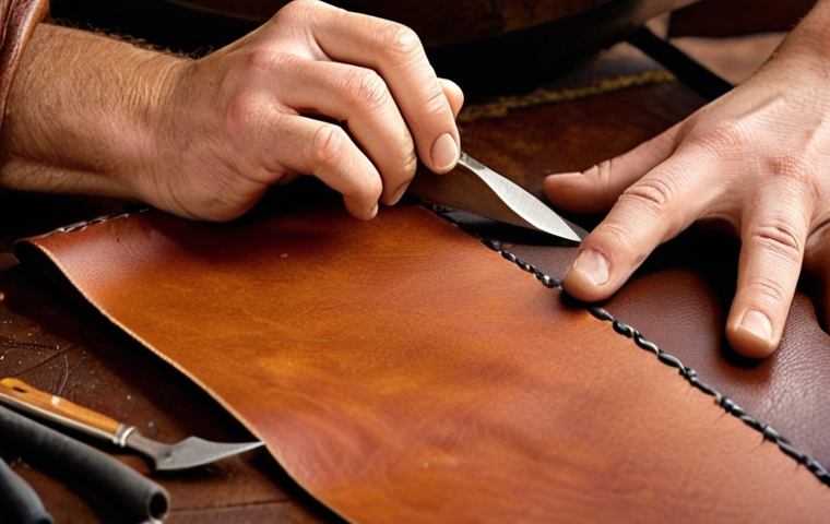 **
Prompt: Close-up shot of hands carefully examining a piece of full-grain vegetable-tanned leather. Focus on the texture, pores, and natural imperfections. Warm, earthy tones. Soft, diffused lighting. Background slightly blurred to emphasize the leather's detail. Include tools like a leather awl or a stitching pony subtly in the background. Style: Artisan photography.
**